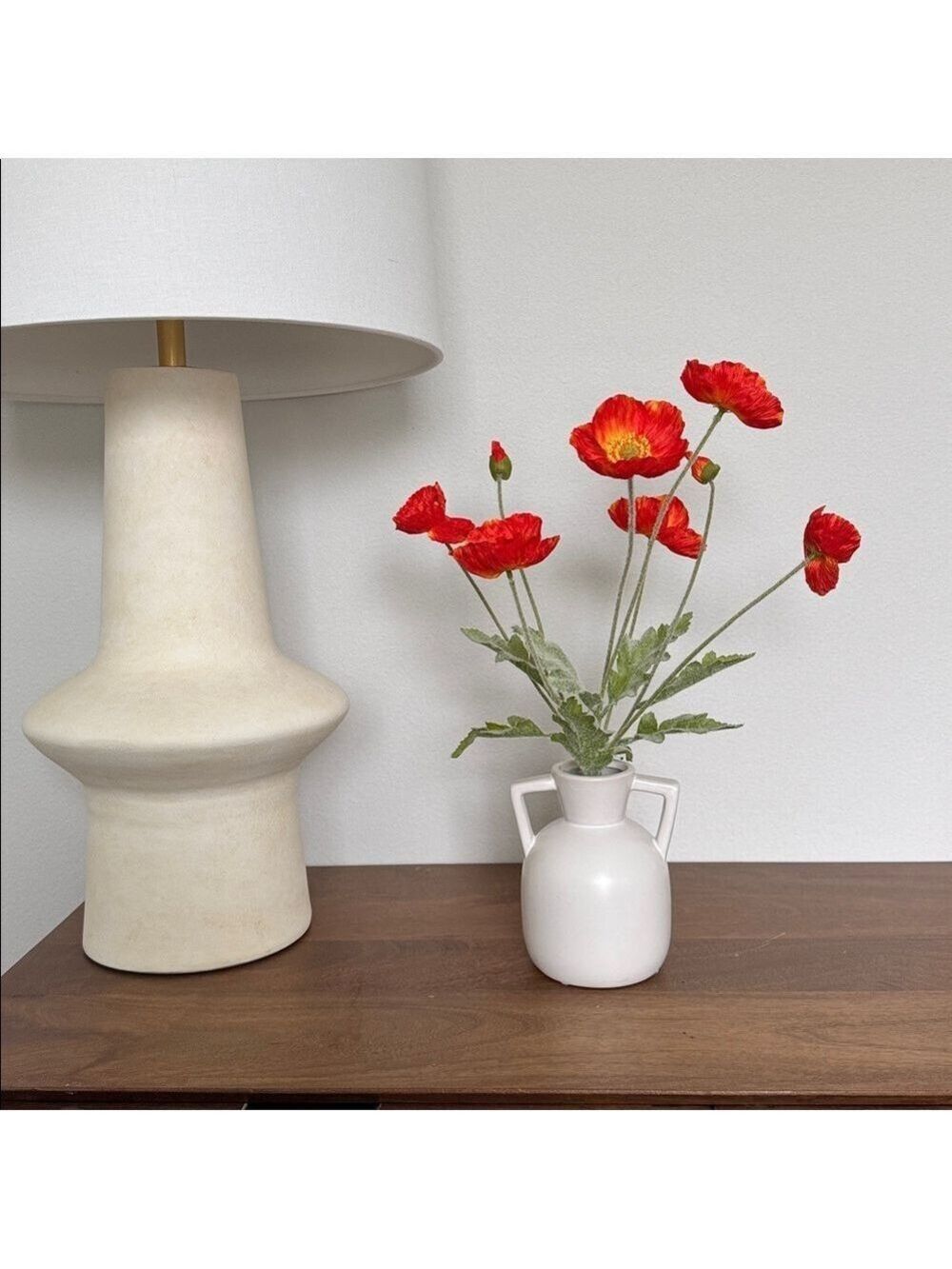 Vibrant orange/redPoppy Flowers in White Vase - Picture 3 of 5